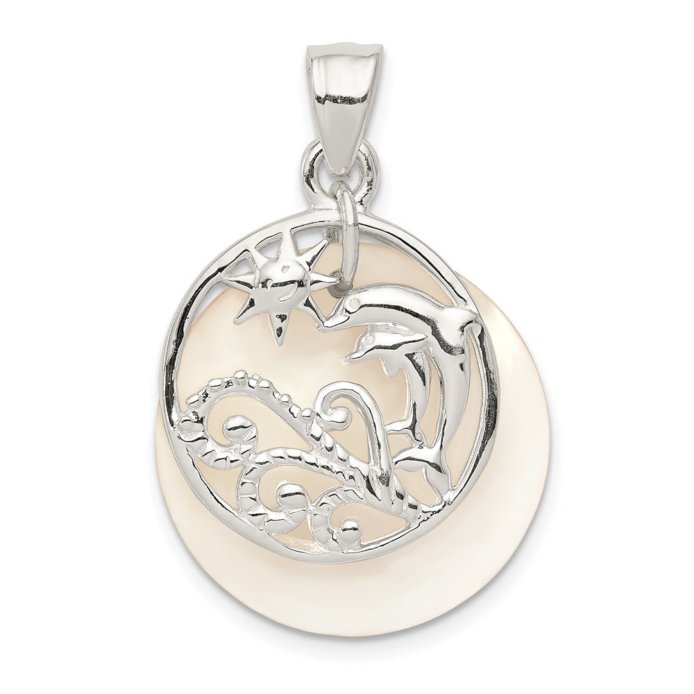 925 Sterling Silver Dolphin & Waves Mother of Pearl Necklace Charm Pendant